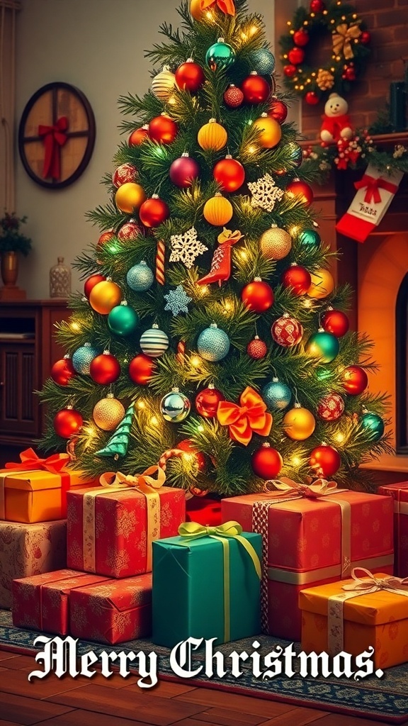 A decorated Christmas tree with gifts and a fireplace, featuring Malayalam text wishing Merry Christmas.